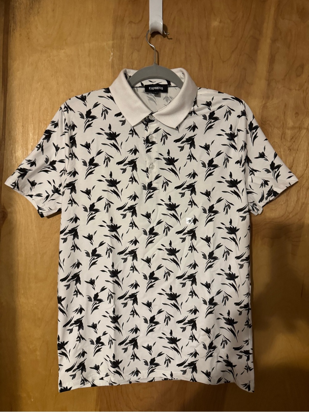 Express White Polo with Black Botanical Print